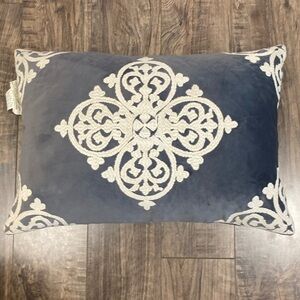 Vintage Down throw pillow Grey Velour with White Scroll Embroidery 18” x 13”